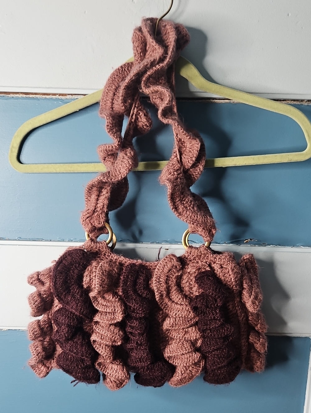 Handmade Ruffled Knit Shoulder Bag in Rose and Burgundy